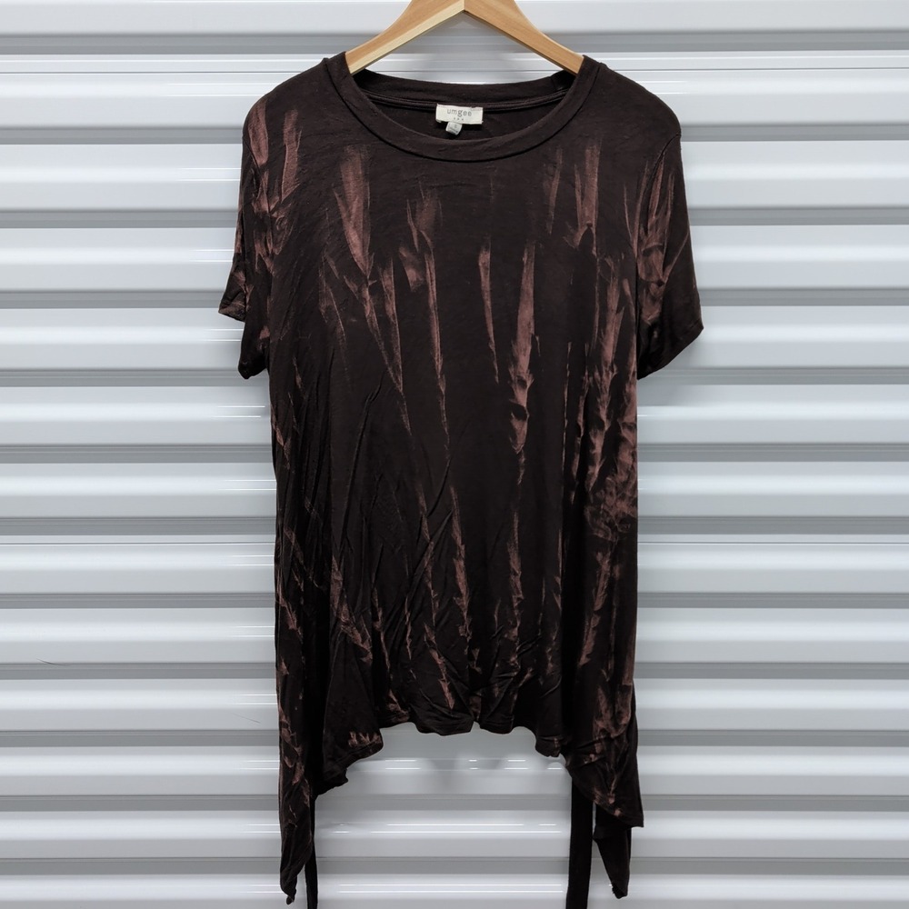 Umgee Top Size S Womens Brown Acid Wash Sharkbite Hem Open Tie Back Short Sleeve